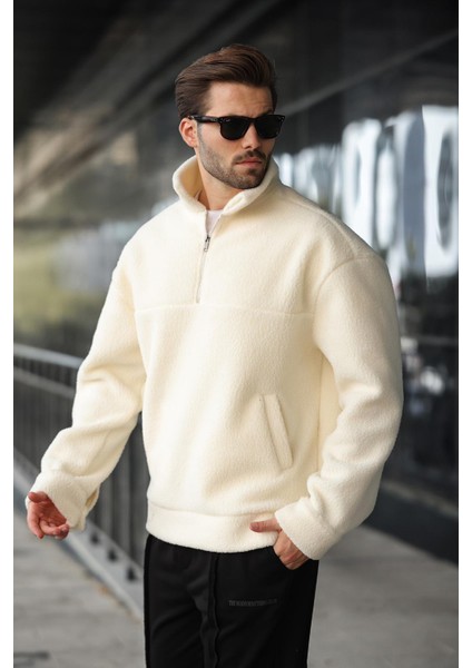 Ekru Yarım Fermuarlı Dik Yaka Polar Sweatshirt E7165