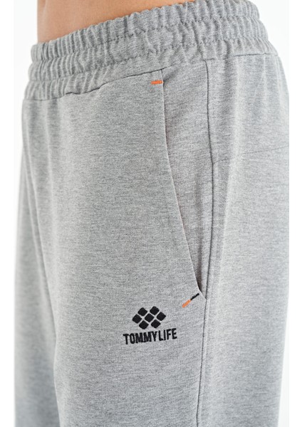 Gri Melanj Logo Nakış Detaylı Yan Cepli Standart Kalıp Erkek Eşofman Alt - 84967