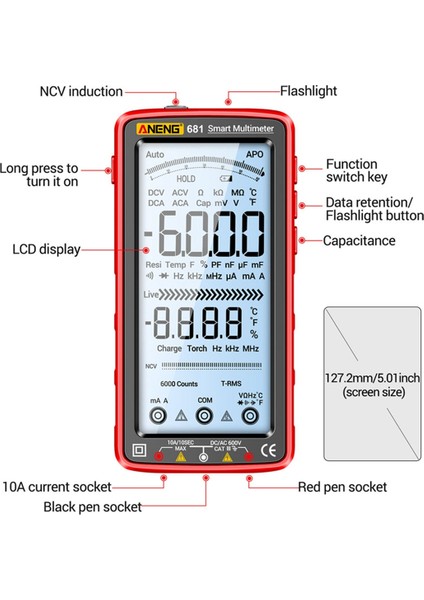 Aneng 681 Şarj Edilebilir Dijital Multimetre Iletişim Olmayan Voltaj Test Cihazı Ac/dc Voltaj Ölçer LCD Ekran Akım Test Cihazı Kırmızı (Yurt Dışından)