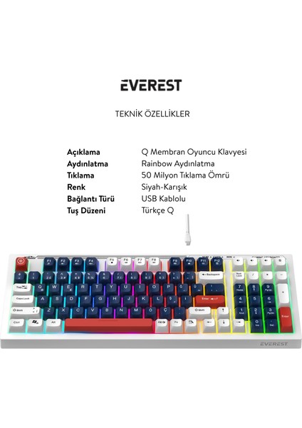 Kb-98 Sessiz Rainbow Q Türkçe Klavye Membrane Oyuncu Klavyesi Gaming Klavye