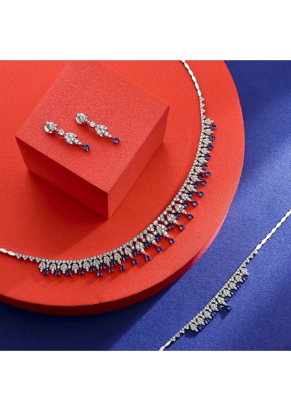 Lacivert Taş Detaylı Swarovski Beyaz Altın Set