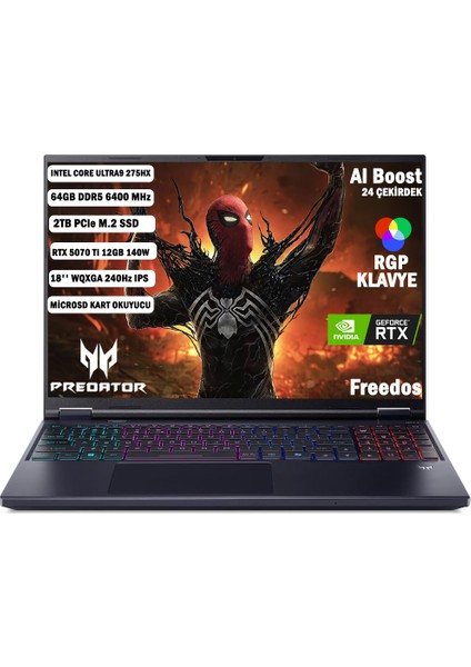 Predator PHN18-72 Core Ultra9 275HX 64GB 2tb Rtx 5070TI 18''wqxga IPS 240Hz Freedos NH.QVMEY.001