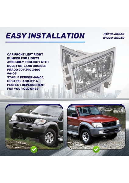 Araba Ön Sol Sağ Tampon Sis Farları Montaj Toyota Land Cruiser Prado 90 FJ90 3400 96-03 (Yurt Dışından)