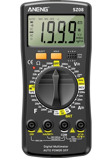 Aneng SZ08 Dijital Multimetre Ultra Depolama Profesyonel Profesyonel Multimetro Otomatik Voltmetre Ac Dc Direnç Handhold Test Cihazları (Siyah) (Yurt Dışından)