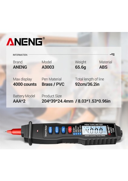 Aneng A3003 Dijital Multimetre Kalem Tipi Ölçer 4000 Sayım Kontakt Olmayan Ac/dc Voltaj Direnci Kapasitans Hz Test Merkezi Siyah (Yurt Dışından) indirimleri