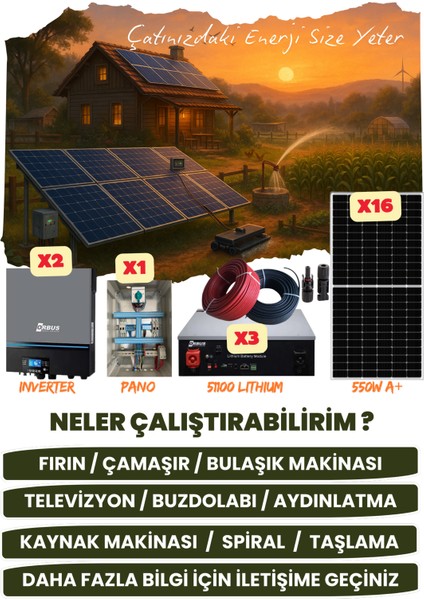 22 Kw Monofaze Güneş Paneli Sistemi (8,8 Kwp/15,36 Kwh Depolama) - 16P22K3L-D