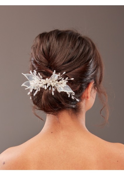 Inci ve Kristal Taşlı Yaprak Detaylı Gelin Saç Aksesuarı – Beyaz Zarif Topuz Tokası