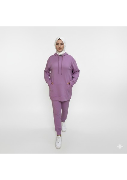 2273_YEŞIL Tesettür Kapüşonlu Eşofman Takımı - 3 Iplik, Cepli, Oversize Rahat Kesim, Mevsimlik Spor Takım
