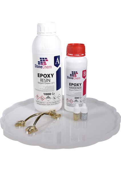 Epoksi Reçine 1,5 kg - 33,5 cm Tırtıklı Tepsi Kalıbı - Gümüş&gold Sim - Çelik Gold Zamak Kulp