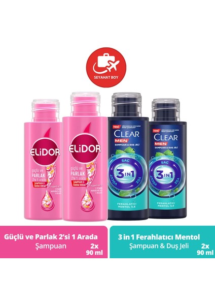 Clear Men Şampuan & Duş Jeli 3in1 90 ml X2 + Elidor Şampuan & Bakım Kremi Güçlü ve Parlak 90 ml X2