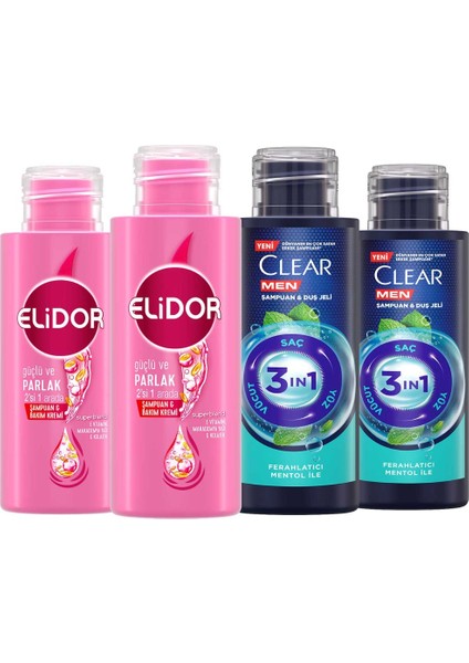 Clear Men Şampuan & Duş Jeli 3in1 90 ml X2 + Elidor Şampuan & Bakım Kremi Güçlü ve Parlak 90 ml X2 fiyatları