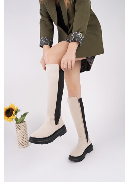 Diasa Süet Kalın Taban Streç Detaylı Fermuarlı Kadın Çizme