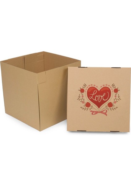 Sevgililer Günü Baskılı Oluklu Katlı Kraft Renk Yaş Pasta Kutusu 35X35X35 cm