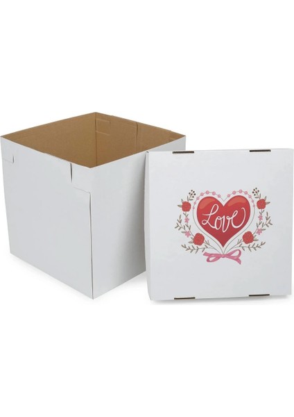Sevgililer Günü Baskılı Oluklu Katlı Beyaz Renk Yaş Pasta Kutusu 35X35X35 cm