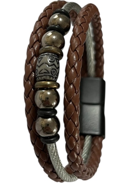 Erkek Bileklik Mıknatıslı Suni Deri Boncuk Taşlı Charm Hasır Örgü Bileklik