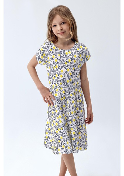 Kız Çocuk Desenli Kısa Kollu Elbise Desenli Renk