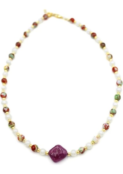 Incili Taşlı Kolye - Mor fiyatları