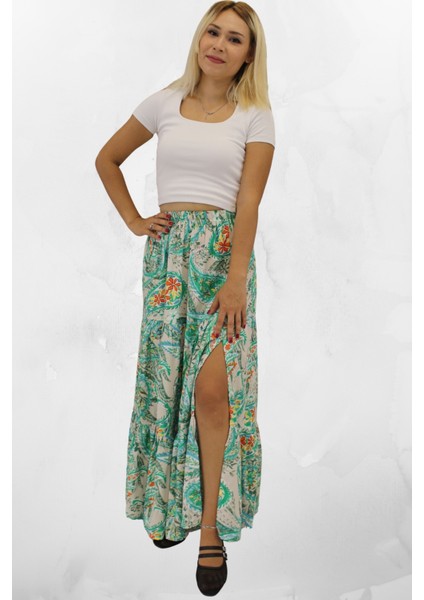 Viskon Kumaş Yırtmaçlı Çiçek Desenli Uzun Etek