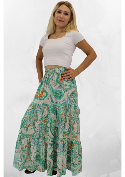 Viskon Kumaş Yırtmaçlı Çiçek Desenli Uzun Etek modelleri