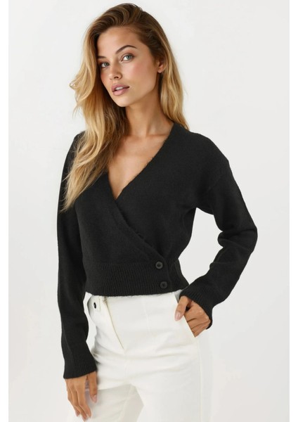 Kadın V Yaka Düğmeli Kruvaze Triko Kazak Siyah
