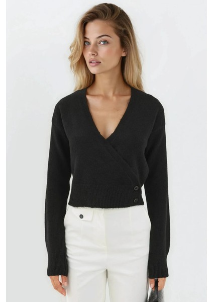 Kadın V Yaka Düğmeli Kruvaze Triko Kazak Siyah