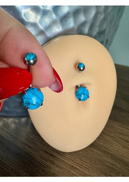 Mavi Taşlı Cerrahi Çelik Göbek Piercing - Bar Uzunluğu 10MM- 1 Adet