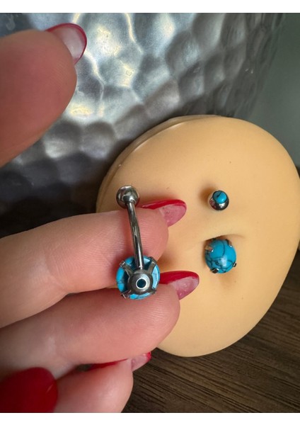 Mavi Taşlı Cerrahi Çelik Göbek Piercing - Bar Uzunluğu 10MM- 1 Adet modelleri