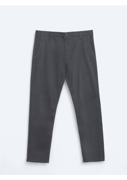 Gri Düz Dokuma Regular Fit Casual Pamuk Karışımlı Pantolon