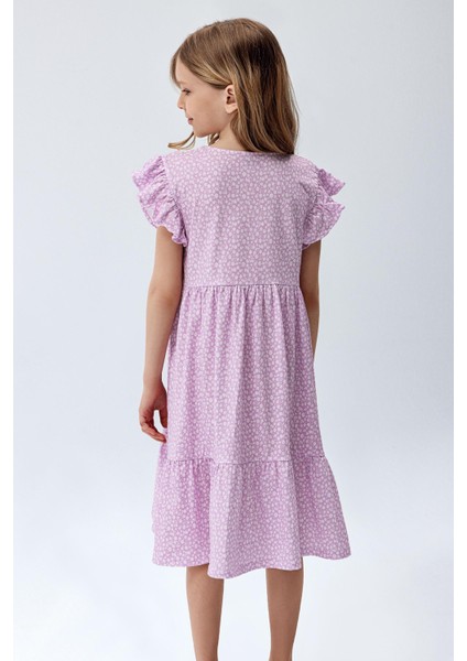 Kız Çocuk Desenli Fırfır Elbise Mor Renk