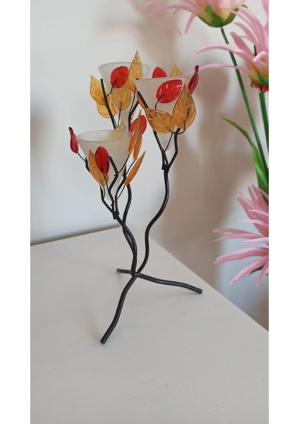 Vintage Metal Ferforje Çiçekli Mumluk & 28 cm