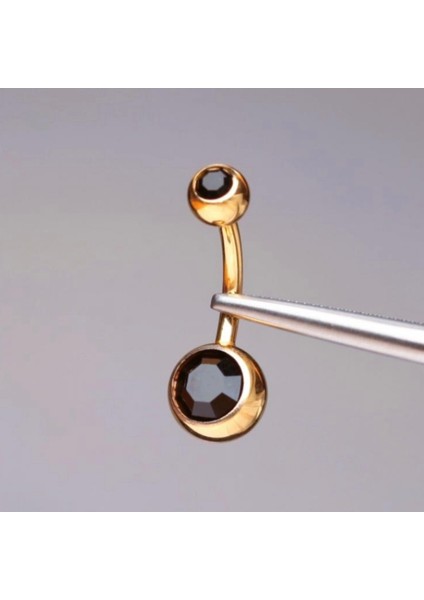 Çift Siyah Taşlı %100 G23 Titanyum Göbek Piercing - Bar Uzunluğu 10 mm - 1 Adet