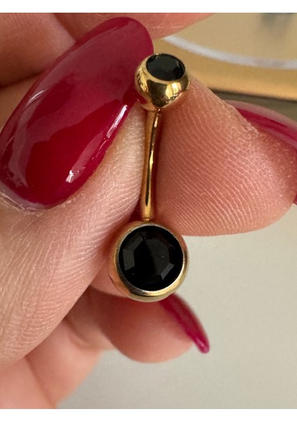 Çift Siyah Taşlı %100 G23 Titanyum Göbek Piercing - Bar Uzunluğu 10 mm - 1 Adet fiyatları