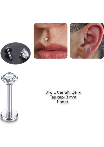 Zirkon Taşlı Cerrahi Çelik Labret Dudak Pıercıng /kulak Piercing-Taş Çapı 3 mm/Bar Boy 10mm- 1 Adet fiyatları