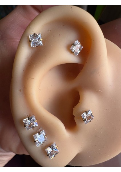Cerrahi Çelik Kare Zirkon Taşlı Tek Taş Labret Piercing, Tragus, Helix, Lobe -Taş 4mm/bar 6mm-1 Adet modelleri
