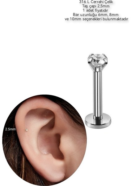 %100 Cerrahi Çelik Pıercıng Dudak /kulak/burun- Taş Çapı 2,5mm - Bar uzunluğu 6mm/1 Adet