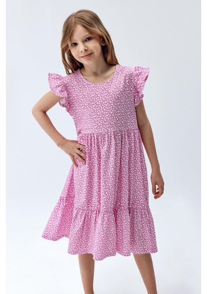 Kız Çocuk Desenli Fırfır Elbise Pembe Renk