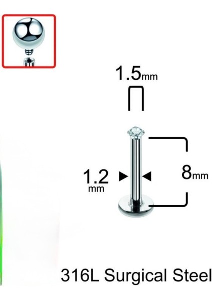 Cerrahi Çelik Extra Minik Tek Taşlı Piercing (Taş Çapı 1,5mm)-1 Adet fiyatları