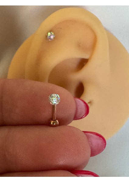 316 L Cerrahi Çelik Rose Hologram Taşlı Halter Piercing-Bar Uzunluğu 6mm-1 Adet (Top Çap 3mm)