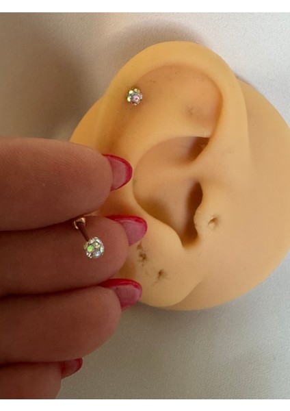 316 L Cerrahi Çelik Rose Hologram Taşlı Halter Piercing-Bar Uzunluğu 6mm-1 Adet (Top Çap 3mm) fiyatları