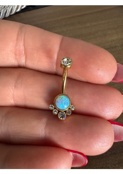 %100 G23 Titanyum Opal Taşlı Göbek Piercing- Bar Uzunluğu 10MM- 1 Adet