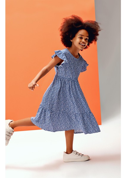 Kız Çocuk Desenli Fırfır Elbise Lacivert Renk