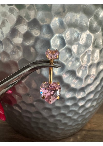 Çift Pembe Kalp Zirkon Taşlı Cerrahi Çelik Göbek Piercing - Bar Uzunluğu 10MM- 1 Adet
