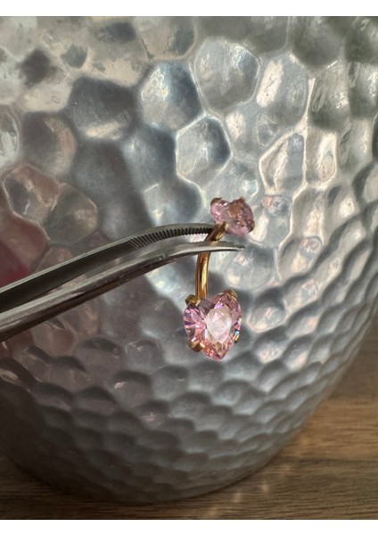 Çift Pembe Kalp Zirkon Taşlı Cerrahi Çelik Göbek Piercing - Bar Uzunluğu 10MM- 1 Adet indirimleri