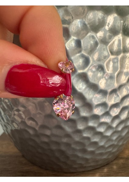 Çift Pembe Kalp Zirkon Taşlı Cerrahi Çelik Göbek Piercing - Bar Uzunluğu 10MM- 1 Adet