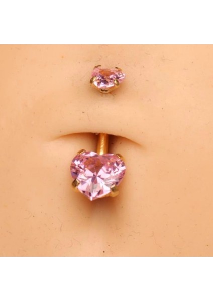 Çift Pembe Kalp Zirkon Taşlı Cerrahi Çelik Göbek Piercing - Bar Uzunluğu 10MM- 1 Adet
