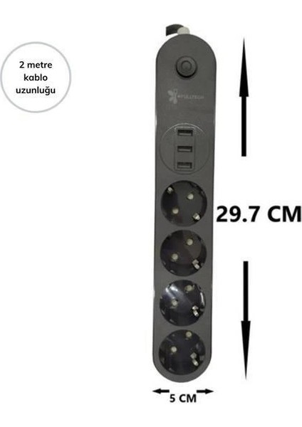 4lü Siyah Anahtarlı 3 USB Li Akım Korumalı Topraklı Çocuk Korumalı Grup Priz 2 Metre