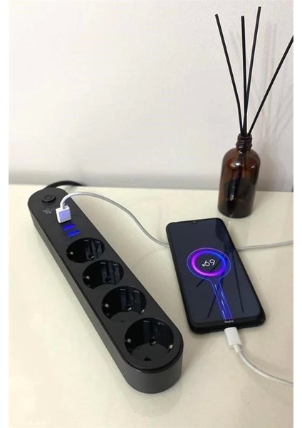 4lü Siyah Anahtarlı 3 USB Li Akım Korumalı Topraklı Çocuk Korumalı Grup Priz 2 Metre