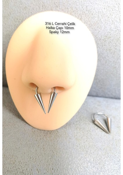 %100 Cerrahi Çelik Uzun Spaky Uçlu Septum, Helix Halka Piercing-Spaky 12MM-ÇAP 10MM- 1 Adet