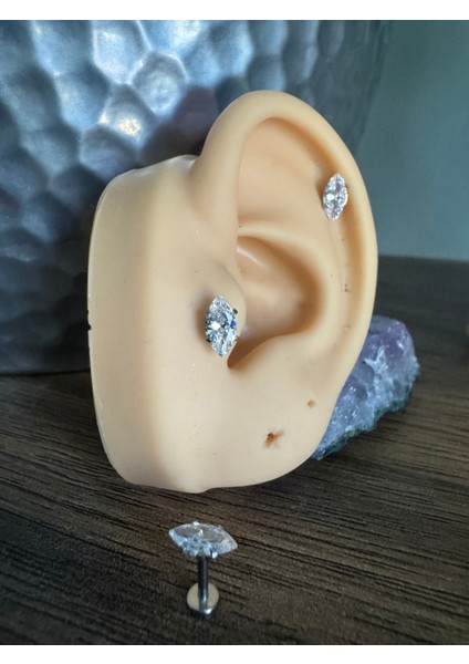 %100 316 L Cerrahi Çelik Markiz Zirkon Labret Piercing Takısı (Taş Çapı 5mm) -1 Adet