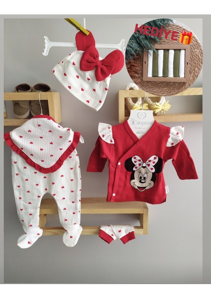 Minilkabebe Minnie Mouse Hastane Çıkış Seti 5 Parça Kırmızı & 7 Lİ Ağız Mendili HEDİYELİ